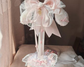 Fluffy Bunny Ear Bow Headphone Stand, Coquette Pink Lace Desk Decor, Kawaii Gamer Girl Setup Accessory, Cute Streamer Headset Holder