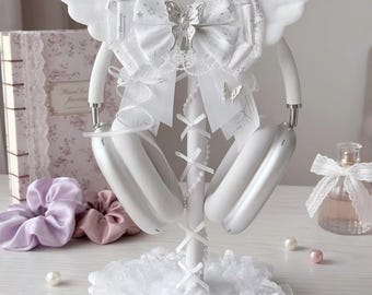 Änglavingar hörlursstativ kokett skrivbordsdekor, vit spets magisk tjej headsethållare, söt gamertjej setup anime Streamer tillbehör