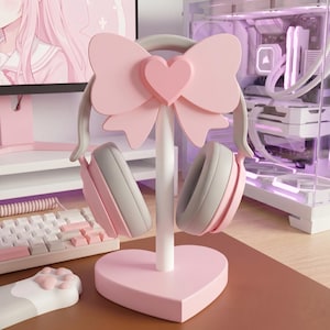 Coquette Heart Bow Headphone Stand, Pink Kawaii Desk Decor, Gamer Girl Setup Gift, Cute Headset Holder for Twitch Streamer