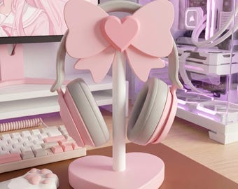 Stojak na słuchawki z kokardką w kształcie serca, różowa dekoracja biurka w stylu kawaii, prezent dla dziewczyny-graczki, uroczy uchwyt na słuchawki dla streamera Twitcha