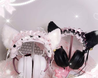 Fluffy Cat Ear Headphone Decoration, Pink Lace Headband Cover Coquette Gamer Girl Headset Attachment for Sony and AirPods Max