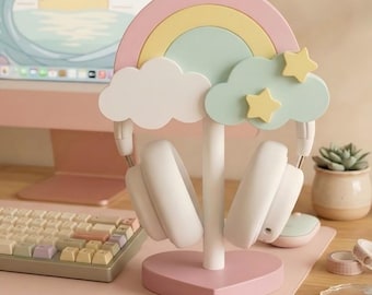 Pastel Rainbow Cloud Headphone Stand, Pink Kawaii Desk Decor, Cozy Gaming Desk Setup, Cute Gamer Girl Gift