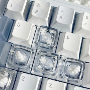 May include: Close-up of a mechanical keyboard with white and light blue keycaps. Some keycaps have snowflake and bird designs. The keyboard has a gradient colour scheme, transitioning from light blue to white.