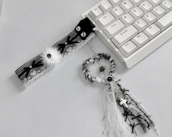 Gothic Coquette Keyboard Charm, Dark Lolita Desk Accessory, Y2K Gamer Setup Decor, Alt Lace Cross Pendant Mechanical Keyboard Decoration