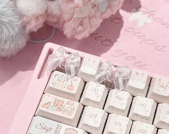 Kawaii kanten strik keycap | Coquette lint custom keycap voor mechanisch toetsenbord | Leuke roze en witte bureau-opstelling | Cadeau voor gamermeisjes