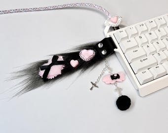 Gothic Kawaii Keyboard Ribbon Decor, Black Pink Heart Charm for Mechanical Keyboard