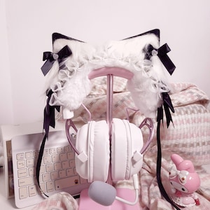 Kocia koronka z kociemi uszami, biała ozdoba do słuchawek AirPods Max XM4 Hyper X, akcesoria do słuchawek