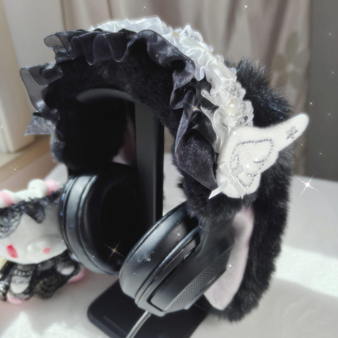 Dark Coquette Black Fur Angel Wing Headphone Cover,e-girl Streamer ...