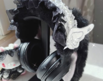 Dark Coquette Black Fur Angel Wing Headphone Cover,E-Girl Streamer Setup,Lace Headset Decor Sony  Airpods Max Hyper X,Headphone Accessories