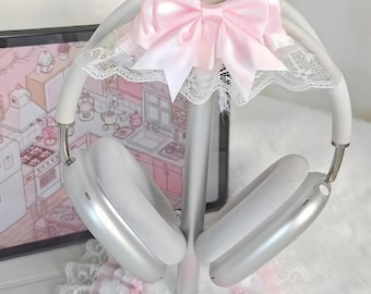 Pink Coquette Bow Headphone Stand, Lace Ruffle Headset Holder, Kawaii Gamer Girl Desk Setup, Soft Girl Aesthetic Tech Accessories Gift