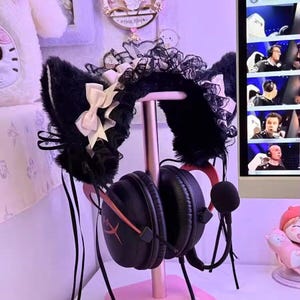 Coquette Lace Fluffy Animal Ears, Kawaii Gamer Headset Attachment for AirPods Max Sony XM4 XM5 Hyper X,Headphone Accessories