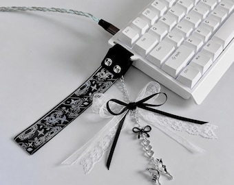 Coquette Keyboard Charm, Dark Y2K Lace Bow and Silver Butterfly Ribbon, Mechanical Keyboard Decoration, Gamer Desk Setup Accessory