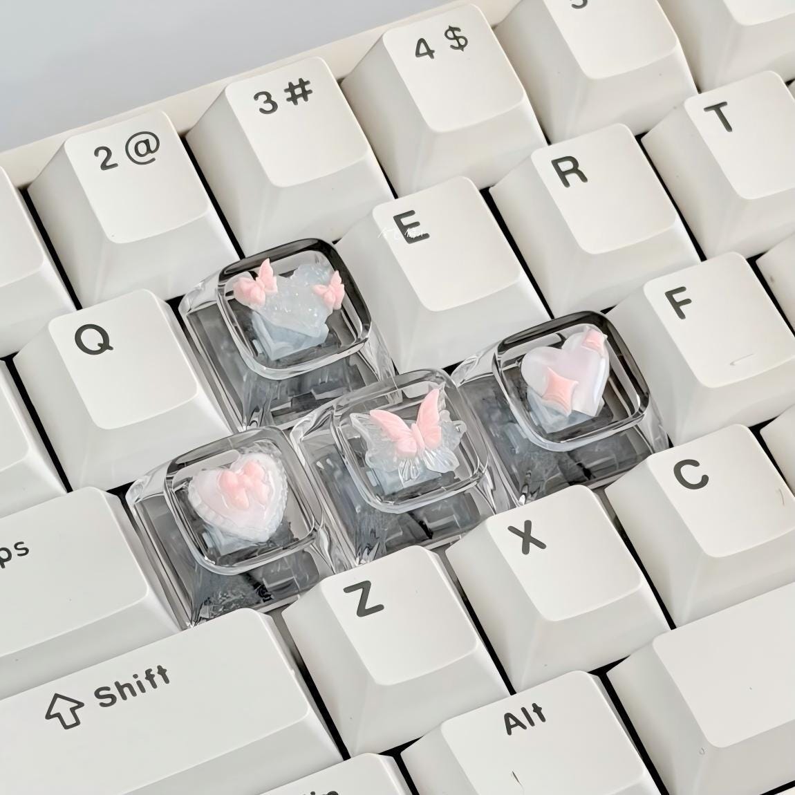 Coquette Pink Heart and Butterfly Artisan Keycaps, Clear Kawaii Mechanical Keyboard Accessories, Cute Gamer Girl Desk Setup PC Gift