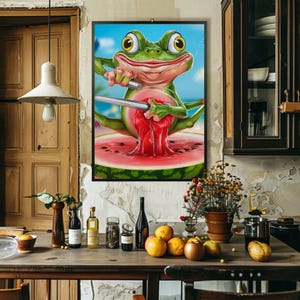 Zabawna żaba arbuz sztuka - ekscentryczny plakat letni - kapryśna dekoracja ścienna na plażę - kolorowe pobieranie cyfrowe - zabawny nadruk ze zwierzętami
