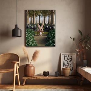 Funny 3D Bunny Art Print – Brave Rabbit Stands Alone in the Forest Surrounded by Dark Bunny Creatures – Cute & Weird Decor
