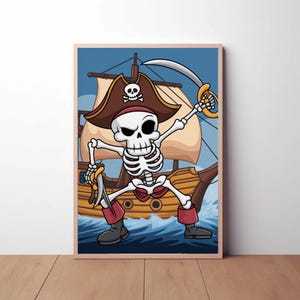 Pirate Skeleton Wall Art - Cartoon Pirate Ship Illustration - Fun Kids Room Decor - Adventure Theme - Digital Printable Poster