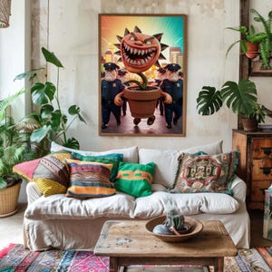 Vibrant 3D Villainous Plant Poster - Funny Evil Flower Art - Cartoon Police Chase Wall Decor - Unique Fantasy Illustration