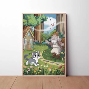 Impresión de gato caprichoso y gnomo del bosque: arte mural estilo cuento de hadas para habitación infantil o guardería, adorable ilustración de animal de cuento de hadas.