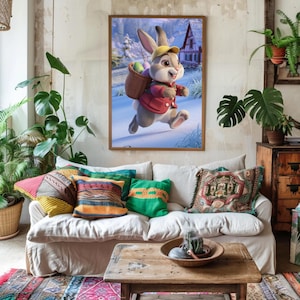 Impresión de un adorable conejito de Pascua: un caprichoso conejo de invierno con huevos, arte mural para la habitación de los niños, la guardería o la decoración navideña de primavera.