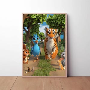 Amici animali carini della foresta – Stampa artistica animata in 3D, illustrazione colorata dei cartoni animati per bambini, adorabile decorazione da parete con creature del bosco