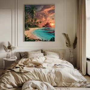 Tropical Sunset Beach Art Print | Paradise Island Wall Decor | Serene Ocean View Poster | Relaxing Coastal Landscape Illustration