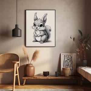 Adorable Squirrel Pencil Sketch Print – Cute Woodland Animal Nursery Art for Kids Room or Animal Lover Home Decor