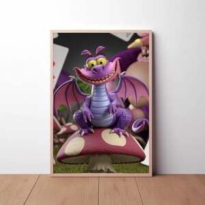 Whimsical Purple Dragon Art Print – 3D Cartoon Fantasy Creature Sitting on Mushroom with Playing Cards – Fun Wall Decor for Kids