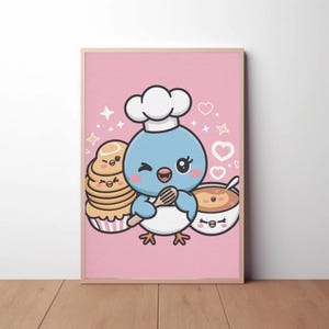 Lámina de chef kawaii horneando: adorable pollito azul con cupcakes y tazón, ideal para decorar la habitación de los niños o la cocina de una panadería.