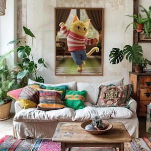 Impresión de adorable gato bailando | Arte felino acogedor y lindo | Decoración de pared divertida de gatito 3D | Regalo caprichoso para los amantes de los gatos