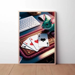 Arte mural de naipes con un ratón adorable: impresión digital divertida para gamers, amantes del póker y aficionados al arte animal.