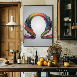 Arte moderna do símbolo ômega | Decoração de parede abstrata e colorida | Letra grega ômega impressa | Pintura Digital Contemporânea Arte Geométrica Vibrante