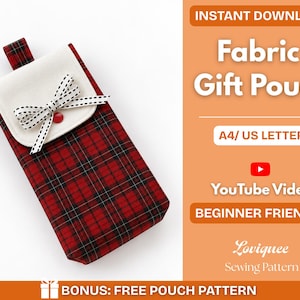 Könnte beinhalten: Ein rot-schwarz karierter Stoff-Geschenkbeutel mit weißer Klappe, einer schwarz-weiß gestreiften Schleife und einem roten Knopf. Der Text lautet: INSTANT DOWNLOAD, Fabric Gift Pouch, A4/ US LETTER, YouTube Video, BEGINNER FRIENDLY, Loviquee Sewing Pattern, BONUS: FREE POUCH PATTERN.