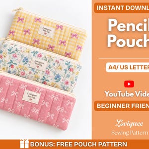 May include: Three rectangular quilted pencil pouches with zippers. The top pouch is yellow with a white gingham pattern and pink bows. The middle pouch features a colorful floral print. The bottom pouch is pink with white polka dots and bows.