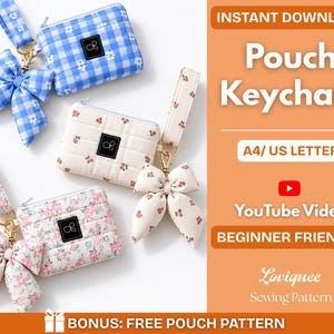 May include: Three quilted zipper pouches with matching wrist straps and fabric bows. One pouch is blue and white gingham with small flowers, one is cream with red cherries, and one is cream with pink floral patterns. Text reads Pouch Keychain.