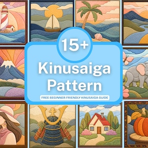 May include: A collection of 15+ Kinusaiga patterns featuring diverse scenes including a lighthouse, sailboat, palm tree, mountain landscape, elephant, person in a hat, samurai helmet, house, and pumpkin, with text reading 15+ Kinusaiga Pattern.