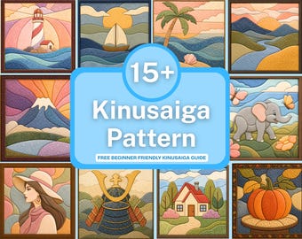 Könnte beinhalten: Eine Sammlung von 15+ Kinusaiga-Mustern mit verschiedenen Motiven wie Leuchtturm, Segelboot, Palme, Berglandschaft, Elefant, Person mit Hut, Samurai-Helm, Haus und Kürbis, mit dem Text 15+ Kinusaiga Pattern.