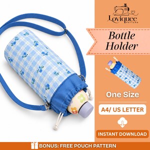 May include: A cylindrical bottle holder featuring a light blue and white gingham pattern with small blue floral accents. It includes a solid blue drawstring top, a matching blue shoulder strap, and a white cord. The text reads Loviquee Pattern Bottle Holder.