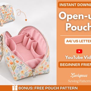 May include: A floral print open-up pouch with a wrist strap and a pink interior featuring multiple pockets. The text reads: Instant Download, Open-up Pouch, A4/ US Letter, YouTube Video, Beginner Friendly, Loviquee Sewing Pattern, Bonus: Free Pouch Pattern.
