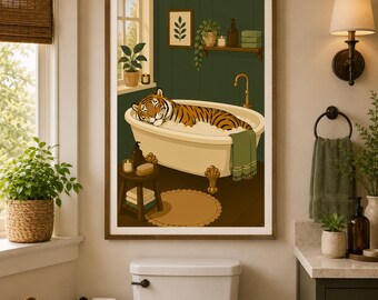 Anthropomorphic Bath Tiger Decor, Tiger Poster Funny Bathroom Decor, Animal Wall Art, Cozy Vintage Tiger art