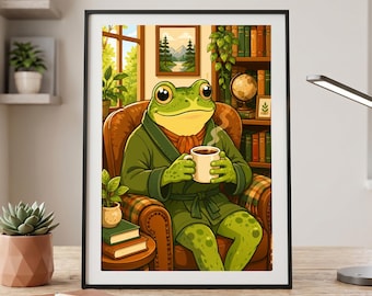 Frog Coffee Wall Art Print, Animal Wall Decor, Gift for Frog Lover, Relaxing Frog Poster, Study Room Wall Art