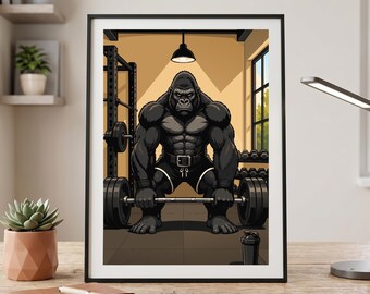 Gorilla Work Out Print, Gym Wall Art Decor, Gym Wall Decor, Gorilla Weightlifting Print, Fitness Poster