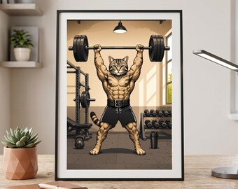 Gym Cat Art Print, Animal Wall Decor, Gift for Cat Lover, Fitness motivational design, Workout Room Poster