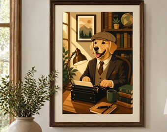 Anthropomorphic Dog Print, Vintage Writer Office Decor, Animal Poster, Study Room Wall Art