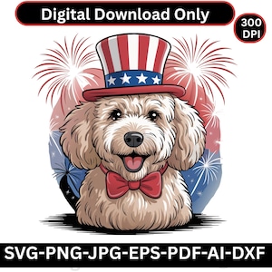 Perro patriótico PNG, clipart de perro con sombrero estadounidense, golden retriever con sombrero americano, fondo de fuegos artificiales, diseño de sublimación de arte digital para mascotas