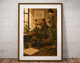 Anthropomorphic Bear Engineer Poster, Intellectual Bear Wall Art, Cozy Mechanical Workshop Decor
