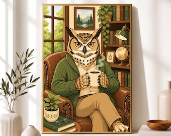 Vintage Owl Wall Art Print, Dark Academia Owl Nursery Decor, Cozy Reading Corner, Study Room Wall Art, Quirky Animal Poster