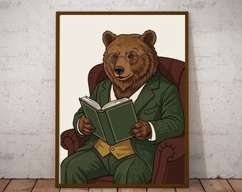 Bear Reading Book Poster, Dark Academia Animal Art, Cozy Library Wall Decor, Vintage Bear Suit Print, Book Lover Gift for Study Room