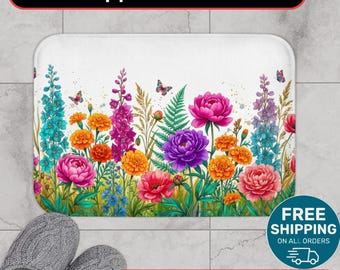 Wildflower Soft Non-Slip Bath Mat with Bees & Butterflies, Memory Foam Floral Decor Bathroom Rug