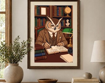Anthropomorphic Owl Professor Poster, Intellectual Wise Owl Wall Art, Cozy Library Desk Decor, Dark Academia Study Print
