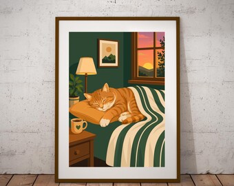 Anthropomorphic Cat Wall Art, Striped Sleeping Tabby Cat Print, Kitten Decor for Bedroom, Modern Cat Lover Gift Poster